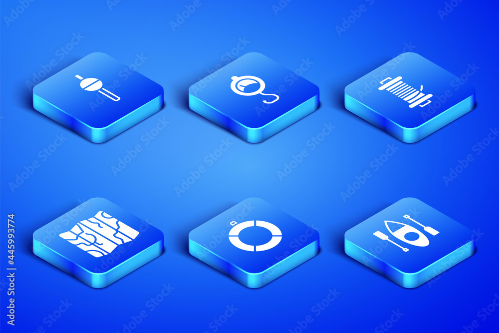 Set Kayak or canoe, Fishing float, Lifebuoy, Folded map, Spring scale and Spinning reel for fishing icon. Vector