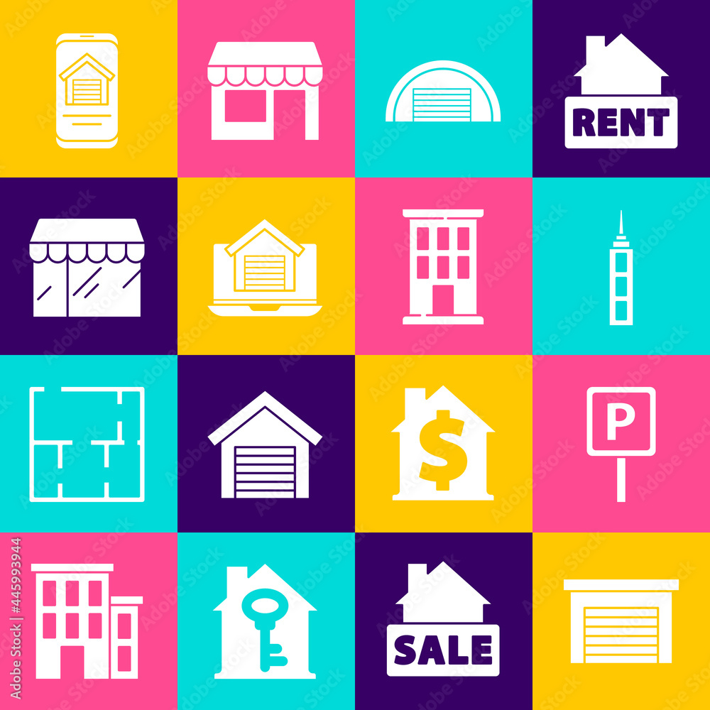 Set Garage, Parking, Skyscraper, Online real estate house, Market store, and House icon. Vector