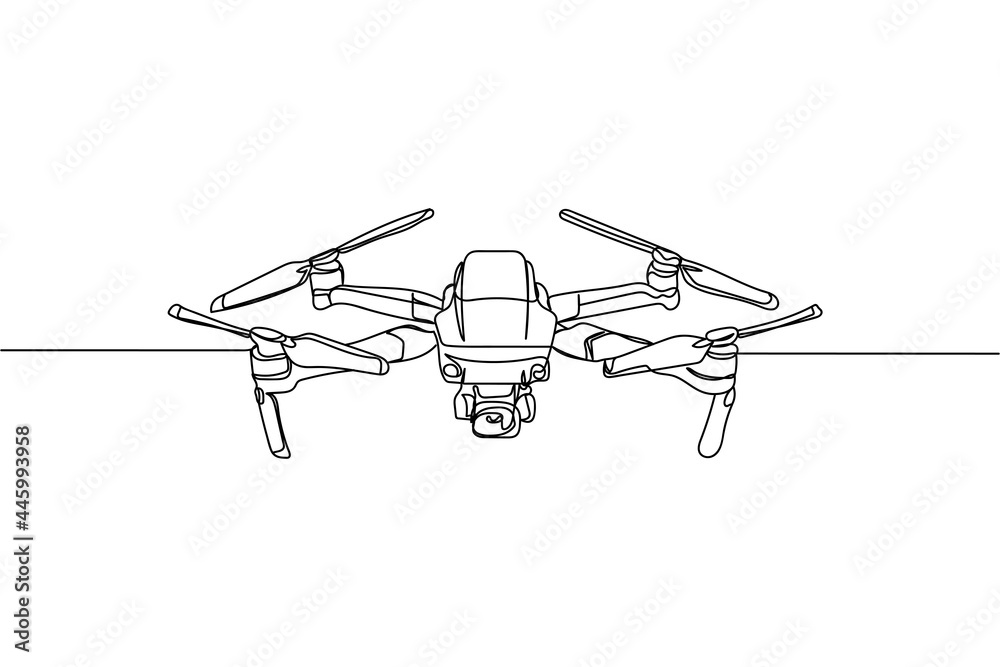 Continuous one line of quadcopter camera drone in silhouette on a white background. Linear stylized.Minimalist.