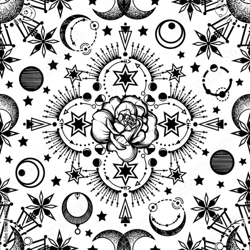 Vector illustration  Alchemy  magical astrology  spirituality and occultism  roses  Handmade  print on t-shirt  light  background  seamless pattern