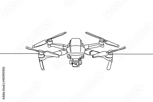 Continuous one line of quadcopter camera drone in silhouette on a white background. Linear stylized.Minimalist.