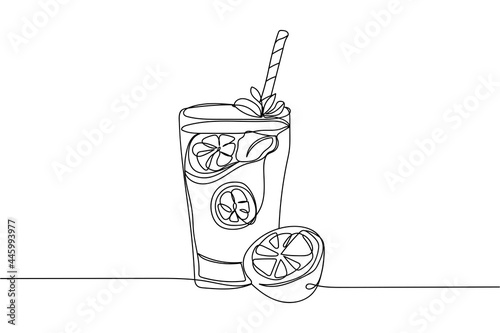 Continuous one line of refreshing summer drink lemonade in silhouette on a white background. Linear stylized.Minimalist.