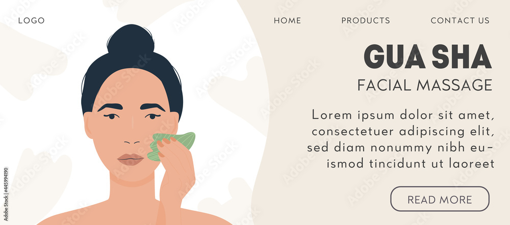 Fototapeta premium Web banner template for gua sha facial massage. Woman massaging and scraping her skin. Natural green jade guasha stone scraper. Face lifting trendy beauty treatment. Vector illustration in flat style.