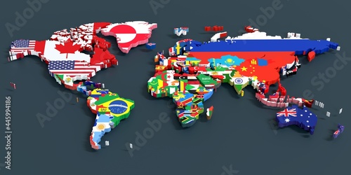 World map with flags of all countries. 3d illustration