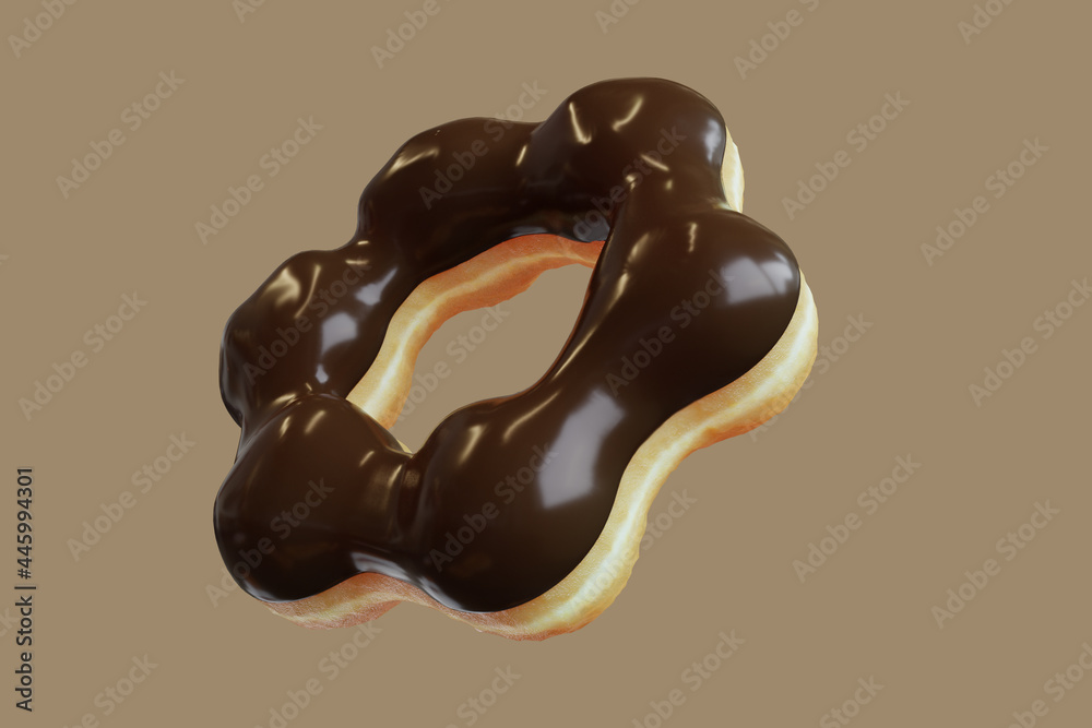 Obraz premium Closeup Doughnut topping with Chocolate sweet isolated floating on brown background. Minimal Food Idea concept 3D Rendering.