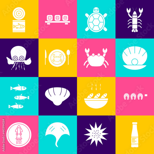 Set Sauce bottle, Grilled fish steak, Shell with pearl, Turtle, Served crab on plate, Octopus, Canned and Crab icon. Vector