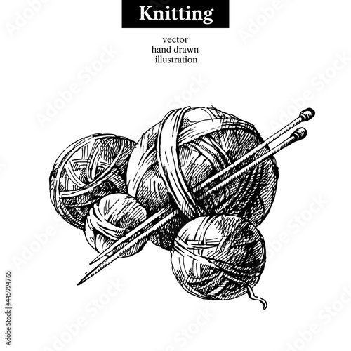 Hand drawn sketch yarn ball with needles for knitting. Vector black and white vintage illustration
