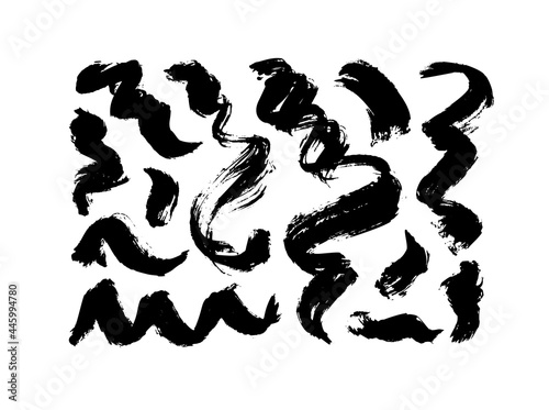 Black dry brushstrokes hand drawn vector set. Curved and zig zag black paint brushstrokes. Grunge smears collection with wavy  doodle  freehand lines. Abstract ink doodle textures. Freehand drawing.