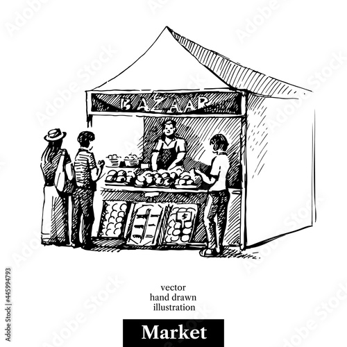 Hand drawn sketch farmers market bazaar stall vegetables fruits food counter with people. Vector black and white vintage illustration