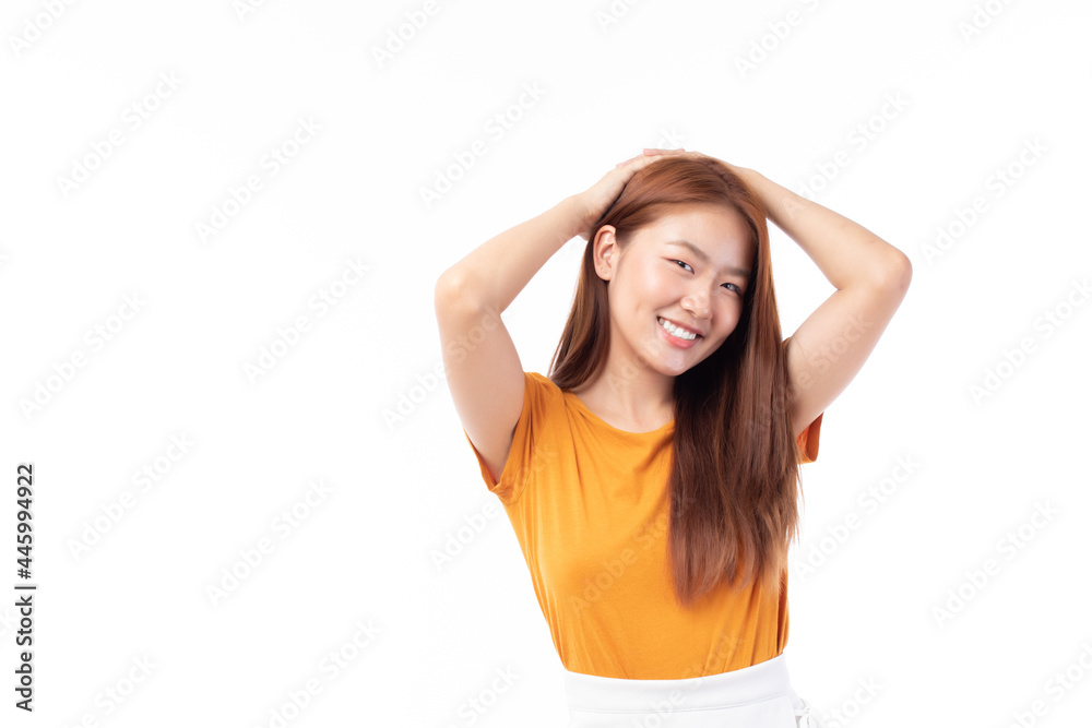Portrait of beautiful young Asian girl model long hair in casual summer clothes smile, happy and enjoying in studio isolated on white background. Portrait of beautiful young Asian girl model long hair in casual summer clothes smile, happy and enjoying in studio isolated on white background.