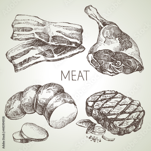 Hand drawn sketch meat products set. Vector black and white vintage illustration. Isolated object on white background. Menu design