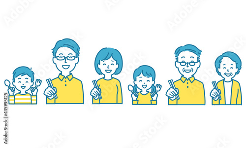 三世代家族　食事シーンイラスト　正面バストアップ　セット