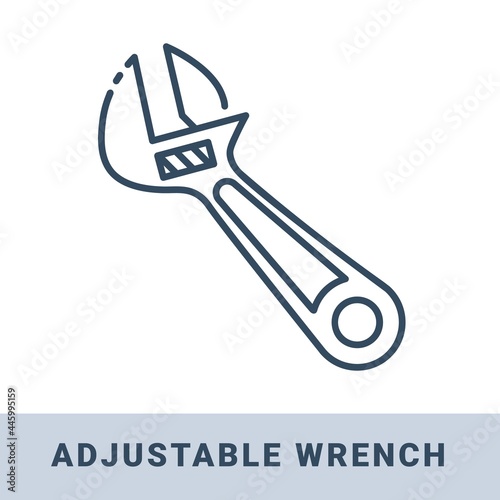 Steel adjustable wrench outline icon. Vector monochrome illustration isolated on white background. Hand construction tool for renovation work.