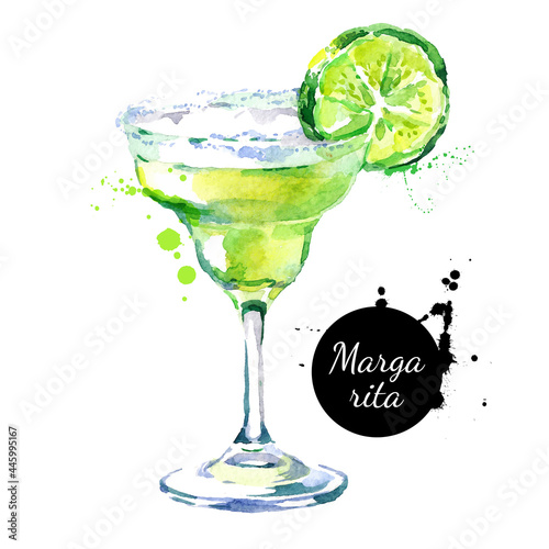Hand drawn sketch watercolor cocktail Margarita. Vector isolated food illustration