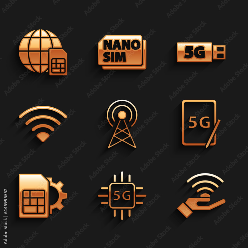 Set Antenna, Processor 5G, network, Graphic tablet with, Sim card setting, Wi-Fi wireless, modem and Globe Card icon. Vector Set Antenna, Processor 5G, network, Graphic tablet with, Sim card setting, Wi-Fi wireless, modem and Globe Card icon. Vector