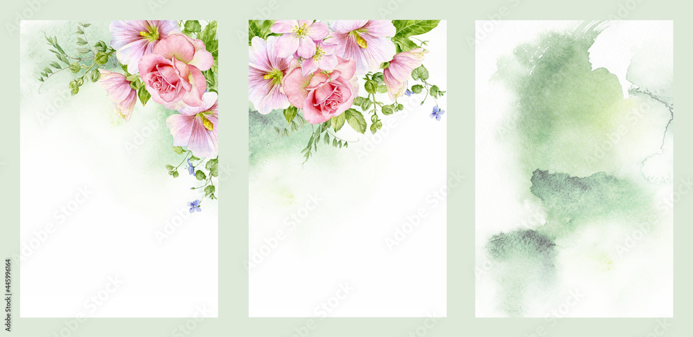 A set of postcards or invitations. Hand made watercolor drawing. Rose flowers, hollyhocks and abstract watercolor spots.