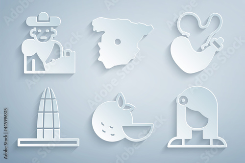 Set Orange fruit, Spanish wineskin, Agbar tower, woman, Map of Spain and Bullfight, matador icon. Vector