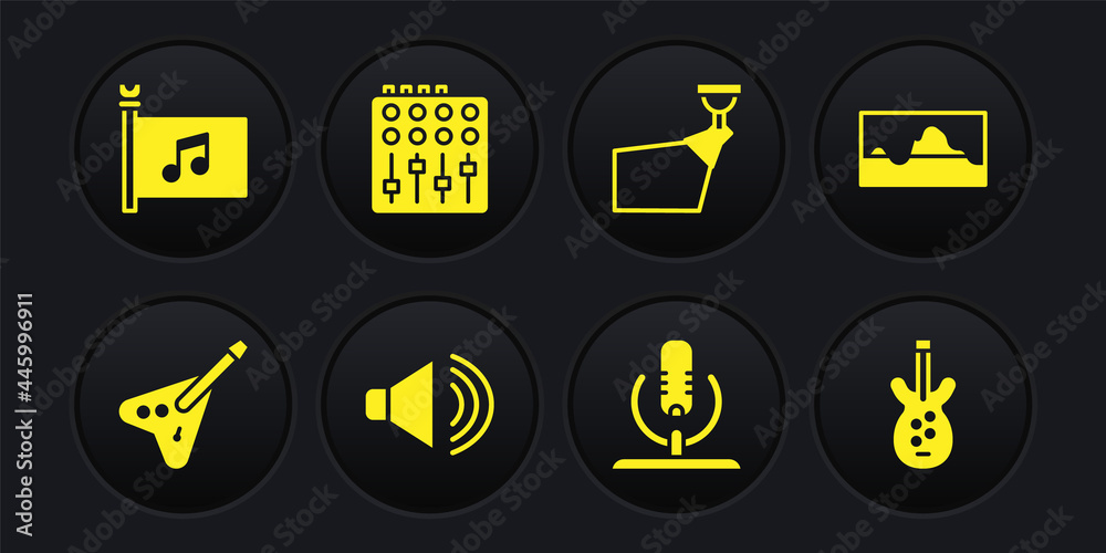 Set Electric bass guitar, Music wave equalizer, Speaker volume, Microphone, Movie spotlight, Sound mixer controller, and festival flag icon. Vector Set Electric bass guitar, Music wave equalizer, Speaker volume, Microphone, Movie spotlight, Sound mixer controller, and festival flag icon. Vector