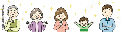 目を輝かせる三世代家族のイラスト（上半身）