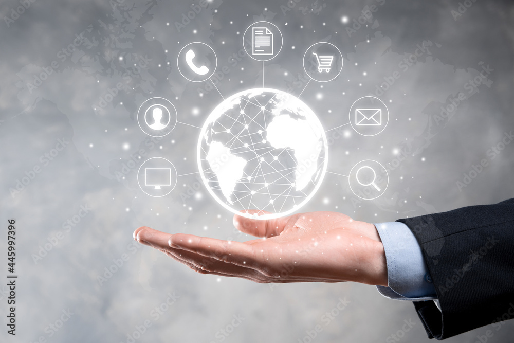 Business man hiold, use,press infographic icon of community technology digital.Concept of hi tech and big data. Global connection.IoT Internet of Things . ICT Information Communication Network . Business man hiold, use,press infographic icon of community technology digital.Concept of hi tech and big data. Global connection.IoT Internet of Things . ICT Information Communication Network .