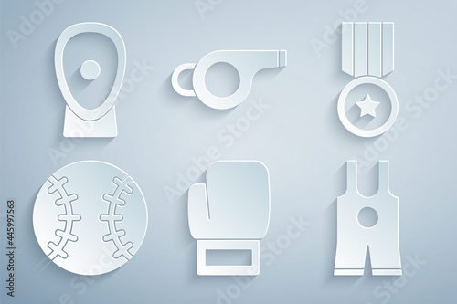 Set Boxing glove, Medal, Baseball ball, Wrestling singlet, Whistle and training paws icon. Vector