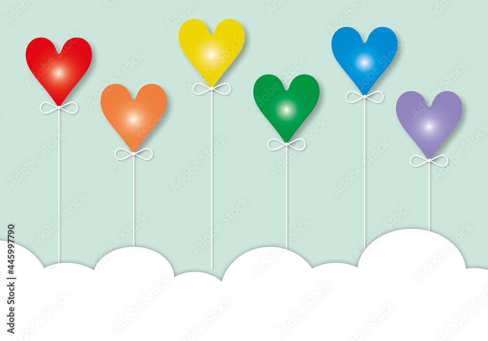Rainbow hearts with clouds on pastel green background, concept of LGBT pride or LGBTQ people, space for the text, paper cut design style.