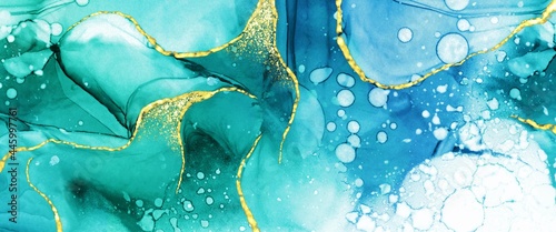 Alcohol ink abstract background with liquid texture, luxury hand painted art, fluid texture, original wallpaper, blue and green nature color mix accent, kintsugi gold paths