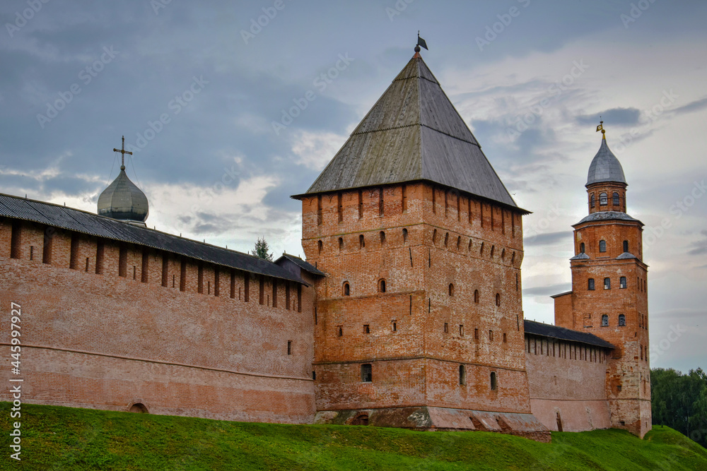 Massive brick walls of the Veliky Novgorod Kremlin