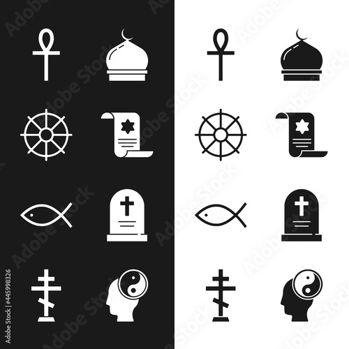 Set Torah scroll, Dharma wheel, Cross ankh, Muslim Mosque, Christian fish, Tombstone with cross, Yin Yang and icon. Vector