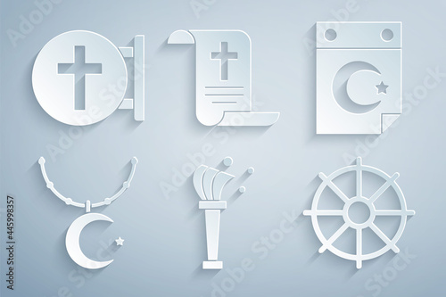 Set Aspergillum, Star and crescent, on chain, Dharma wheel, Decree, paper, parchment, scroll and Christian cross icon. Vector