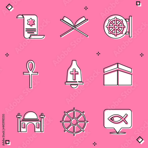 Set Torah scroll, Holy book of Koran, Dharma wheel, Cross ankh, Church bell, Kaaba mosque, Muslim Mosque and icon. Vector