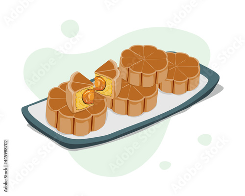 Isolated plate of mooncake filled sweet mung bean paste and salted egg yolk served on light green plate.Close up view macro concept to present details. Asian food vector illustration. 