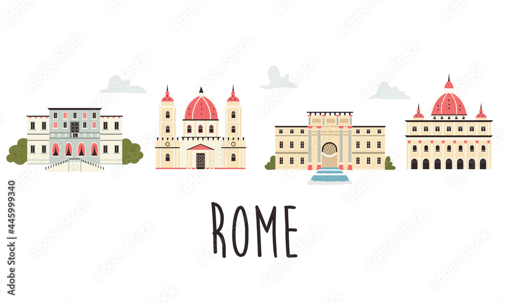 Tourist poster with famous destinations and landmarks of Rome.