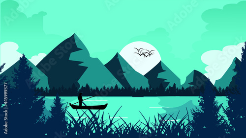 Nature landscape vector illustration  texture  mountains  trees  birds  boat