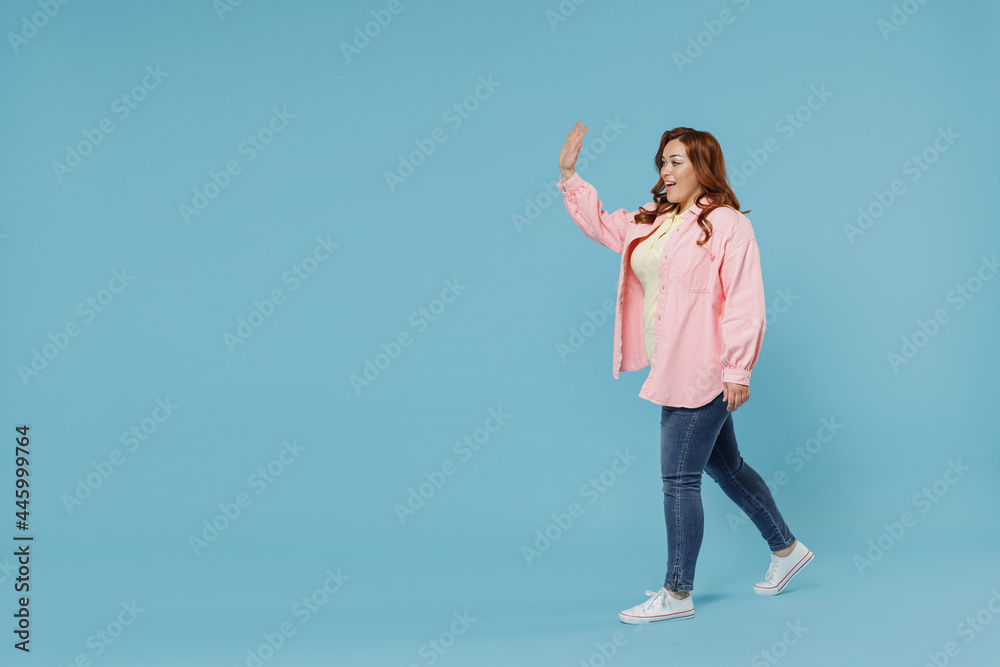 Full length side view young fun smiling redhead chubby overweight woman 30s wearing in pink shirt jeans casual clothes walking going waving hand isolated on pastel blue background studio portrait Full length side view young fun smiling redhead chubby overweight woman 30s wearing in pink shirt jeans casual clothes walking going waving hand isolated on pastel blue background studio portrait