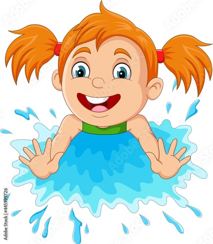 Cartoon little girl playing a water