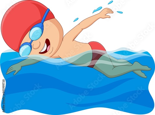 Cartoon little boy swimmer in the swimming pool
