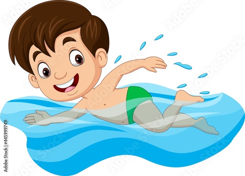 Cartoon little boy swimmer in the swimming pool