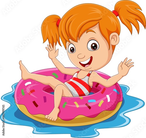 Cartoon little girl floating with inflatable ring