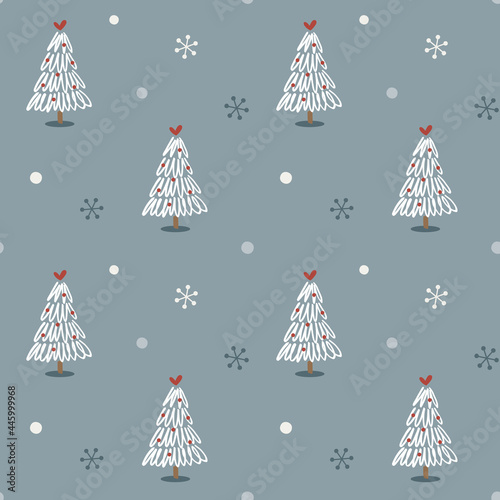 Seamless pattern for winter holidays with hand drawn Christmas trees and snowflakes.