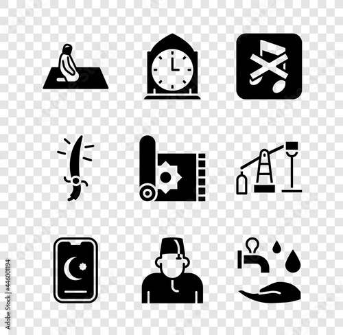 Set Muslim man prays, Clock, Speaker mute, Star and crescent, Wudhu, Arabian saber and Traditional carpet icon. Vector