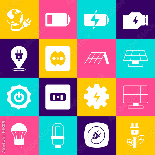 Set Electric saving plug in leaf, Solar energy panel, Battery, Electrical outlet, Global power planet and icon. Vector