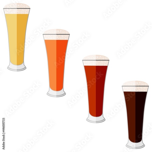 Set with craft beer in Pilsner glass for banners, flyers, posters, cards. Light and dark beer, ale, and lager. International Beer Day. Flat style. Vector illustration isolated on white background.