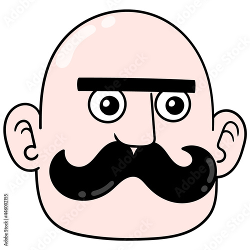 bald man head with a thick thick mustache, doodle icon drawing