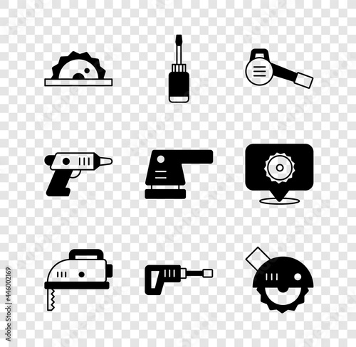 Set Electric circular saw, Screwdriver, Leaf garden blower, jigsaw, Rotary hammer drill machine, cordless screwdriver and sander icon. Vector