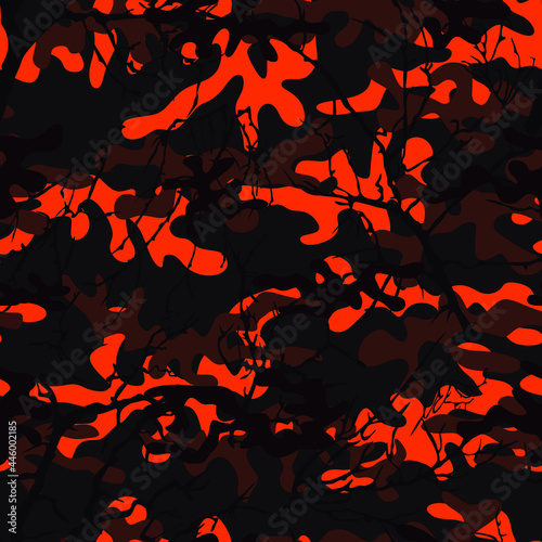  Black camouflage print with red spots and tree branches. Vector.