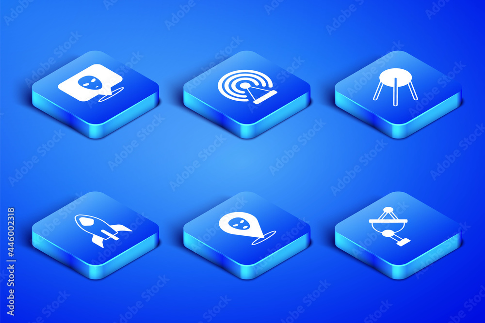 Set Satellite dish, Alien, Rocket ship, Radar and icon. Vector Set Satellite dish, Alien, Rocket ship, Radar and icon. Vector