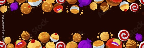 Sweet candy world decorative seamless border design, flat vector illustration.