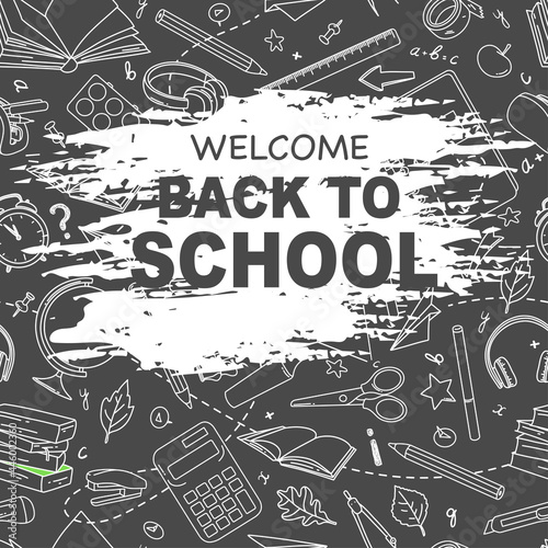 Back to school banner with a seamless pattern on the background. School supplies and stationery. A place for your text. A white outline on a black background. Doodle style. Template.