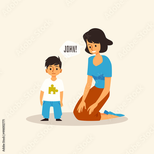 Mother communicating with son who has autism, flat vector illustration isolated.